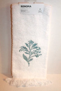 Sonoma Gemma White Bath Hand Towel with Blue Embroidered Flowers & Fringe Border - Picture 1 of 1