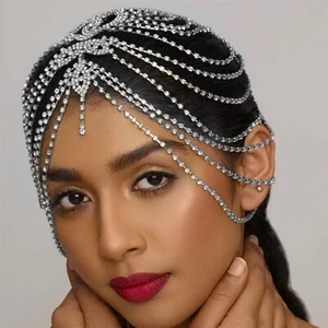 Crystal Tassel Head Chain Jewelry Halloween Women Rhinestone Flapper Cap Headpie - Picture 1 of 30