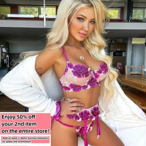 Sexy Embroidery Lingerie Set Bra Thongs Garter Belt Lace Nightwear Sleepwear - Picture 1 of 7