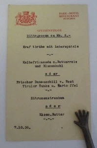 1936 PARK HOTEL RESTAURANT Munchen Menu Card, Munich Germany - Picture 1 of 2
