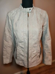 Valerie Stevens Womens Sz M Biker Jacket Beige Crew Neck Full Zip Faux Suede EUC - Picture 1 of 10