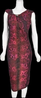 ROBERTO CAVALLI Red & Pink Knit Snakeskin Print Midi Sheath Dress - Image 1 of 4