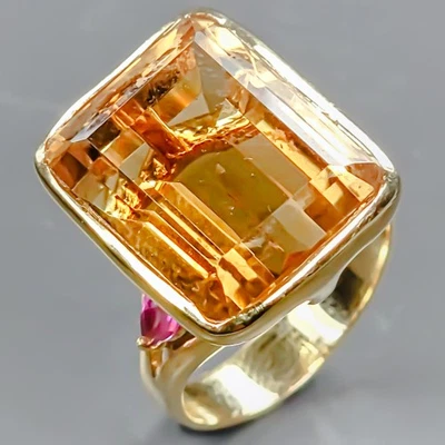 Anillo de cuarzo citrino natural hecho a mano de 14 quilates + plata de ley 925 talla 7/R431037 Foto 1 de 4