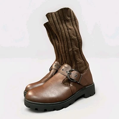 Woman’s Bamboo Sock Boots Knit Faux Leather Tall Or Short Brown Size 10 Buckle - Image 1 of 4