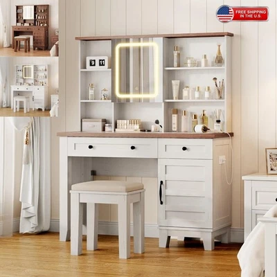 Makeup Vanity Desk with Mirror LED Lights Power Outlet with 2 Drawers Wood Stool - Image 1 of 4