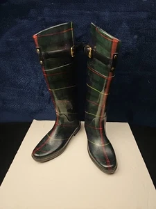 Lauren Ralph Lauren Rain Boots Sz 7B Rossalynn II Plaid Knee High Buckle Detail - Picture 1 of 13