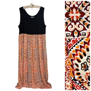 Lucky Brand Boho Maxi Dress 2X Empire Waist Medallion Print Stretch Pockets - Picture 1 of 9