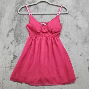 Vintage Y2K Derek Heart Top Womens S Pink Chiffon Lined Cami Smocked Babydoll - Picture 1 of 10