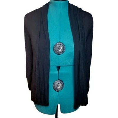 Black Open Front Cardigan Ruched Sleeve Lightweight Knit Top - Image 1 of 4