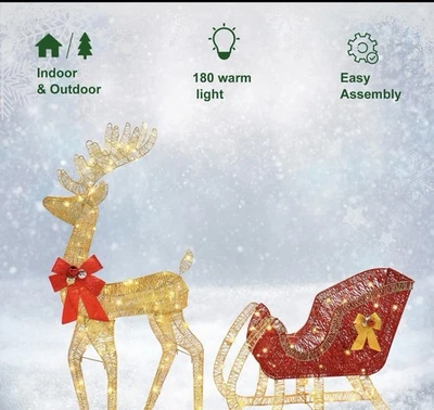 4ft Lighted Reindeer and Sleigh Pre-lit Christmas Standing Ornament with 180 LED - Image 1 of 4