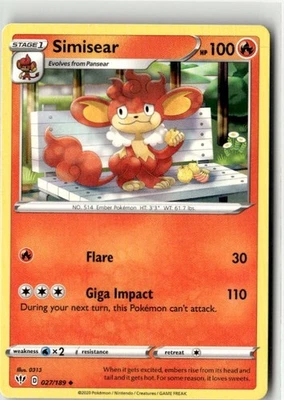 2020 Pokemon Sword & Shield Darkness Ablaze Simisear 27/189 - Image 1 of 2