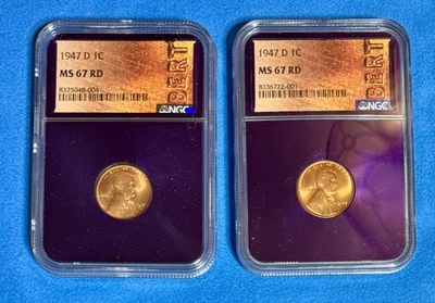 LOT of 2 - 1947 D 1C Lincoln Wheat One Cent - NGC MS67 RD - Bert Label 🔥🔥 - Image 1 of 2