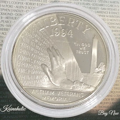 1994 P Vietnam Veterans Memorial Commemorative Silver PROOF $1 Dollar In Capsule - Image 1 of 4