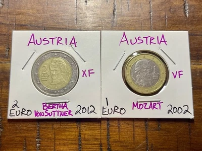 Austria 🇦🇹 Lote de 2 monedas de la UE 2012 €2 y 2002 €1 euro ¡Envío combinado! Foto 1 de 4