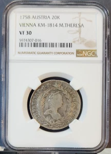 1758 AUSTRIA SILVER 20 KREUZER VIENNA KM-1814 MARIA THERESA NGC VF 30 NICE COIN - Picture 1 of 3