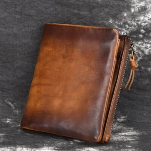 Cowhide Leather Mens Billfold Wallet RFID Blocking Card Holder Zipper Coin Purse - Imagen 1 de 13