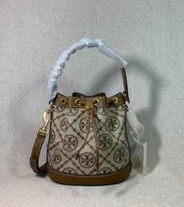 NEW Tory Burch T Monogram Hazelnut Jacquard Drawstring Crossbody/Bucket Bag - Picture 1 of 12