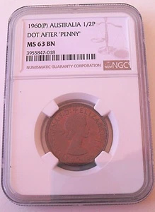 1960 Australia 1/2 Penny, NGC MS 63 BN , nice older coin          #1829, #57-12 - Picture 1 of 4