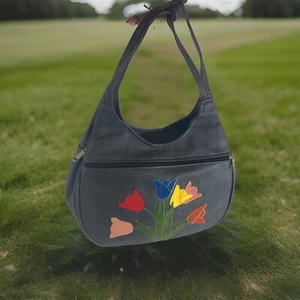 Handbags By Jean Shoulder Hobo Bag Blue Vinyl Tulips Floral Patching Pockets Vtg - Picture 1 of 15
