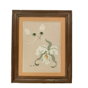 VTG Cross Stitch Hanging Picture Cat & White Orchid Framed - Picture 1 of 10