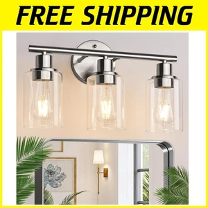 Brushed Nickel 3-Light Vanity Fixture Clear Glass Shades - Picture 1 of 9