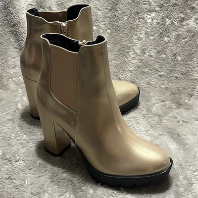 Allegra K Block High Heel Platform Zip Gold Chelsea Boots Womens Size 9-NEW - Image 1 of 4