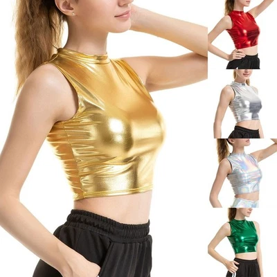 Women Tank Top Vest Summer Tank Tops Wet Look Clubwear Crop Top Mock Neck - Image 1 of 4