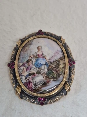 Ancienne Broche Argent Vermeil Scène Émail sur Porcelaine 19ème - Photo 1/4