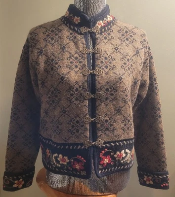 Vintage Icelandic Design Wool Floral Embroidered Cardigan Sweater Lined Small  - Image 1 of 4