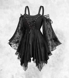 New Black Gothic Corset Star Embroidered Flared Sleeve Blouse size 2XL 20 22 24 - Picture 1 of 6