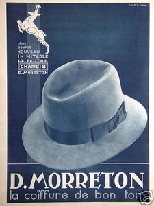 PUBLICITÉ 1933 MORRETON LÉGER INIMITABLE FEUTRE CHAMOIS LA COIFFURE DE BON TON - Imagen 1 de 1