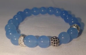 Chalcedon Edelstein Stretch Armband 19-20 cm hellblau Strassperle 10mm - Bild 1 von 2