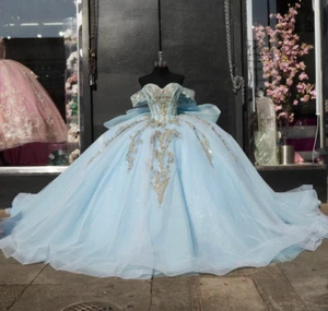 Princess Sky Blue Quinceanera Dresses with Big Bow Sweet 15 16 Prom Ball Gowns - Picture 1 of 8