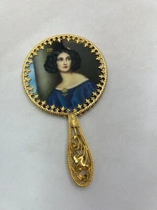 Vintage handgehaltener goldfarbener Spiegel französischer Damendruck edwardianischer Mini - Bild 1 von 10