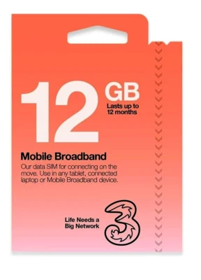 Three PAYG Mobile broadband preloaded 12GB data 3G 4G 5G Data SIM upto 12 months - Image 1 of 4