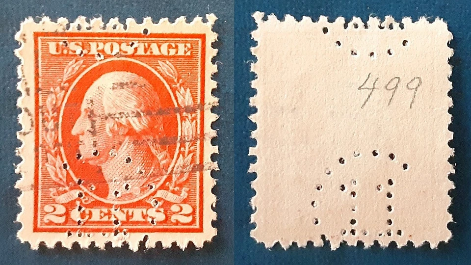 US 1917 2c Used Washington Scott 499 U-85 VF/XF C11 Perfin Crane Co. MO 7189 - Image 1 of 1