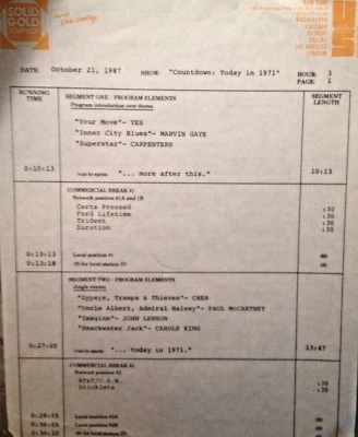 RADIO SHOW 10/21/87 TODAY IN 1971: YES, JOAN BAEZ, CHER, CAROLE KING,JOHN LENNON - Image 1 of 2