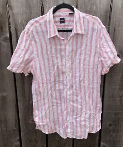 Men's Hugo Boss Red White Striped Linen SS Button-Down Shirt XL Light DISTRESSED - Picture 1 of 13