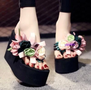Womens Summer High Platform Wedge Heel Flip Flops Flower Decor High Slippers - Picture 1 of 21