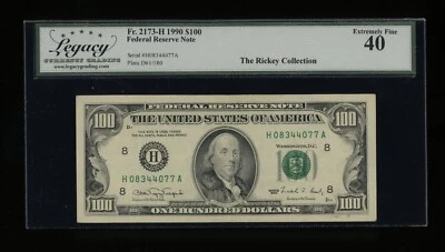 DBR 1990 $100 FRN St. Louis Fr. 2173-H Legacy XF-40 Serial H08344077A - Image 1 of 2