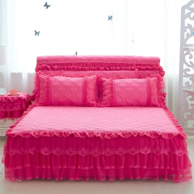 Korean Quilted Cotton Lace Bedspread Dust Ruffle Bed Skirt Queen Fitted Sheet - Image 1 of 4