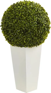 28In. Boxwood Topiary Ball Artificial Plant in White Tower Planter (Indoor/Outdo - Picture 1 of 3