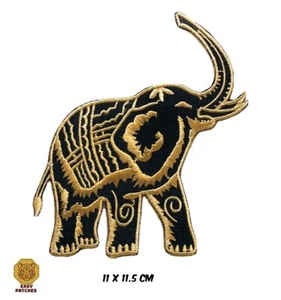 Gold Thailand Elephant-Iron On Embroidered Black Patch / Sew On Jacket Bag Badge - Picture 1 of 2