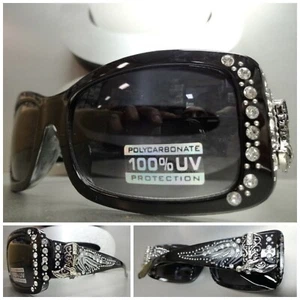 New WESTERN Bling Rhinestone COWGIRL SUN GLASSES Black Frame Silver Boot Concho - Picture 1 of 8