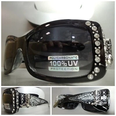 Nuevo WESTERN Bling estrás COWGIRL GAFAS DE SOL marco negro bota plateada concho Foto 1 de 4