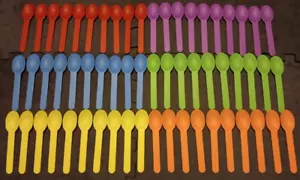 New Lot Of 60 Colorful Plastic Reusable Stackable Spoons Ice Cream Parties - Picture 1 of 4