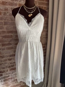 New! Aooksmery White Lace Strap Back Floral Mini Dress Sweetheart Neck Medium - Picture 1 of 7