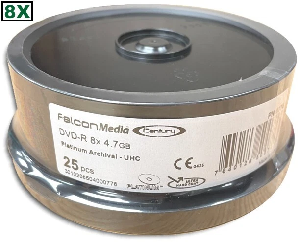 300-Pak FalconMedia 4.7GB 8X PLATINUM ARCHIVAL Shiny DVD-R's w/ Ultra Hard Coat - Image 1 of 1
