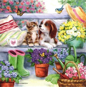 (2) Dos servilletas de almuerzo de papel para decoupage/medios mixtos - Bench Friends gato perro - Imagen 1 de 1