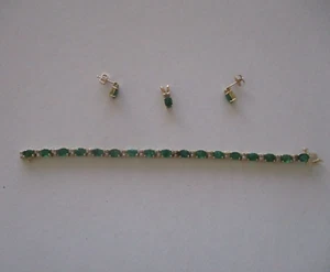 14k Yellow Gold Natural Emerald Diamond Tennis Bracelet Earrings Pendant 6" 10g - Picture 1 of 19